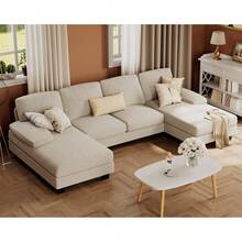Sofás Seccionales Furmax para Sala de Estar, Sofá en Forma de U con Tela de Lino, Conjunto de Sofá de 4 Plazas con Doble Chaise Longue para Apartamento (Tela, Gris) - Beis - Ver 13