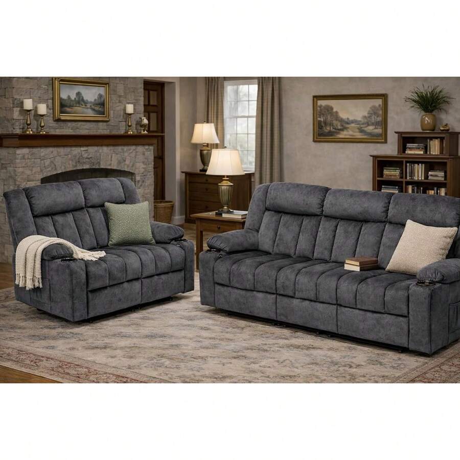 Juego de sofás reclinables LUCKLIFE con reclinadores manuales, conjunto de muebles para sala de estar con sofá reclinable, sillón de dos plazas y sillón individual, tapicería de tela transpirable, cojines gruesos y diseño ergonómico, gris oscuro (3+2). - 3+2+1 - Ver 1