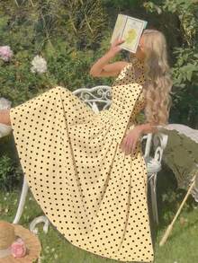 Vestido de verano de longitud media sin mangas con estampado de lunares elegante para mujer - amarillo ganso - Ver 2