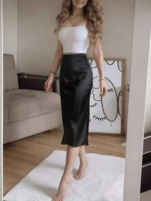 negro elegante de talle alto con abertura alta y botones para mujer, primavera - Negro - Ver 2