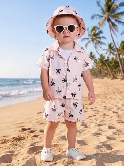 3 Stücke/Set Baby Jungen Sommer Urlaubsstil Kokosnussbaum Muster Poloshirt und Shorts Set