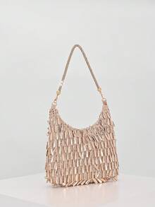 Elegant Shiny Solid Color Pendant Patchwork Handbag, Fashion Retro Chain Shoulder Bag, Mini Clutch Purse, Suitable For Party Girls, Brides, College Students, Career Women, Perfect For Party, Wedding, Matching Accessories, Pattern Randomly Sent - Champagne - View 3