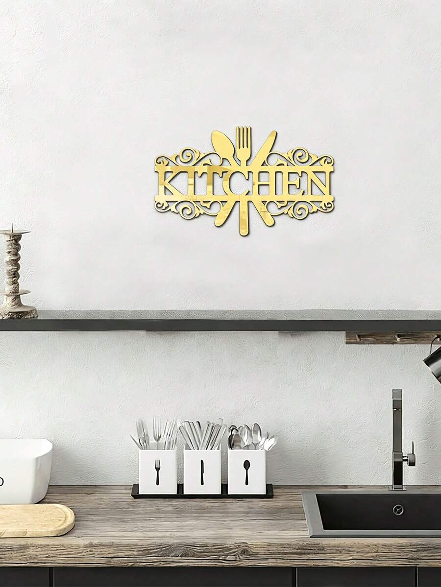 1pc Kitchen Knife & Fork Pattern Mirror Wall Sticker, Self-Adhesive Acrylic Wall Decal Suitable For Kitchen, Dining Room, Public Spaces, Ideal Wall Decor, Easy To Use, Mirror Wall Sticker