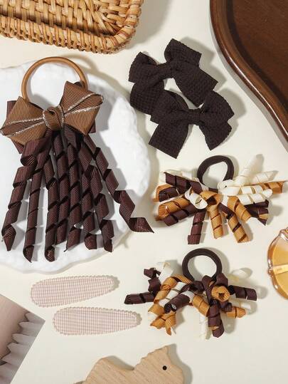 Bộ phụ kiện tóc nơ màu Maillard 7 món, ruy băng grosgrain + dây buộc tóc co giãn cao với tua rua xoắn ốc + kẹp tóc viền vải.