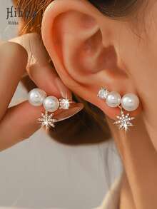 Hihho 1 paire de boucles d'oreilles de style français de luxe avec perles et étoiles octogonales, boucles d'oreilles délicates pour femmes, convenant pour un port quotidien, cadeau pour les fêtes - Boucles d'oreilles en perles - Voir 1