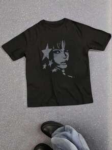 Playera minimalista moderna 2026 Otoño Nueva Camiseta de Algodón para Mujer con Estampado de Anime, Manga Corta, Moda, Camiseta con Estampado de Dibujos Animados, Moda para Mujer. - Negro 3 - Ver 6
