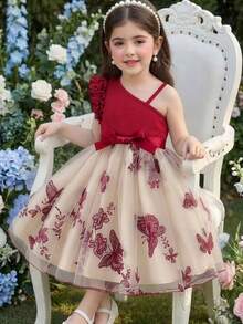 Girls' Spaghetti Strap Ruffle Hem Dress, Patchwork Butterfly Embroidery Mesh Shoulder Strap Stylish Dress, Suitable For Party, Birthday, Outdoor, Vacation - Burgundy - View 2
