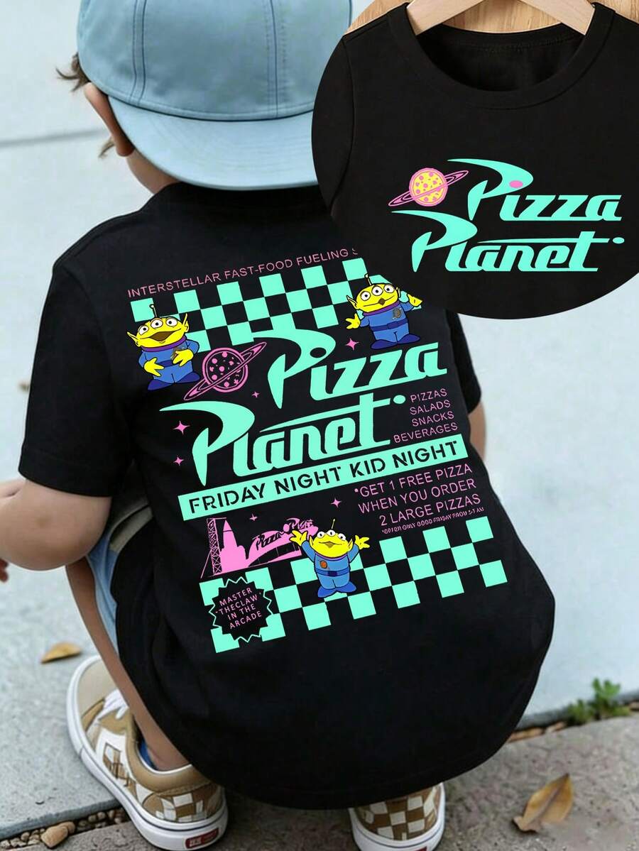 Disney Casual And Simple Red Crew Neck Short-Sleeve T-Shirt Features A 'Pizza Planet' Design From 'Toy Story', Specially Designed For Infants, Suitable For Both Boys And Girls, Making It An Ideal Choice For Summer Wear. - 黑色 - 查看 1