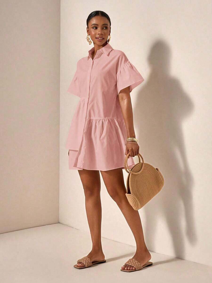 Vestido corto estilo camisa para mujer, color amarillo pastel sólido, cuello de camisa, mangas cortas abullonadas y falda con volante asimétrico, diseño fresco y holgado, ideal para primavera-verano, vacaciones, playa, festivales, viajes y todo tipo de ocasiones - Rosa 2 - Ver 1