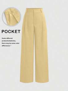 Pantalones de diseño minimalista Vela Rue con cierre de gancho y cremallera, pantalones anchos de pierna semi transparentes y ligeros de color azul sólido, pantalones anchos de pierna de moda para todas las estaciones de primavera - Amarillo - Ver 1
