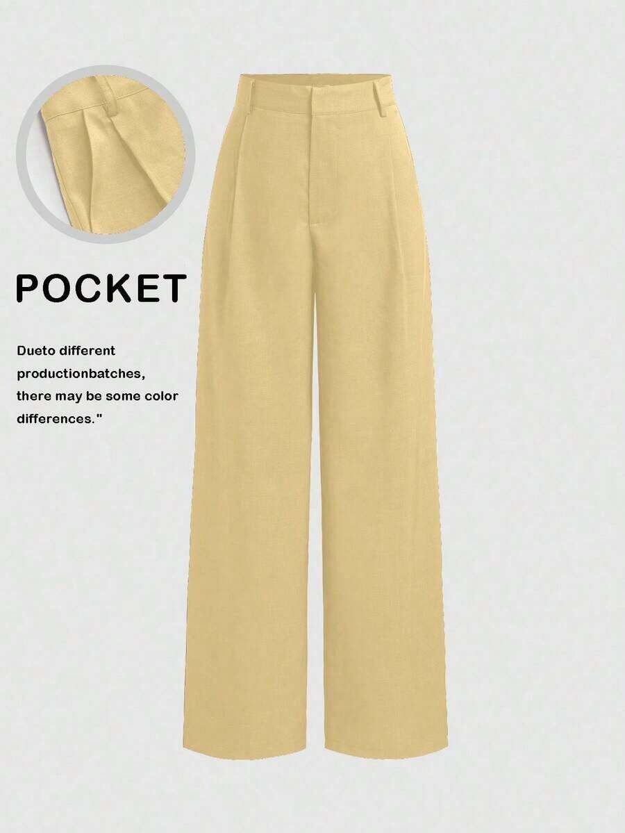 Pantalones de diseño minimalista Vela Rue con cierre de gancho y cremallera, pantalones anchos de pierna semi transparentes y ligeros de color azul sólido, pantalones anchos de pierna de moda para todas las estaciones de primavera - Amarillo - Ver 1