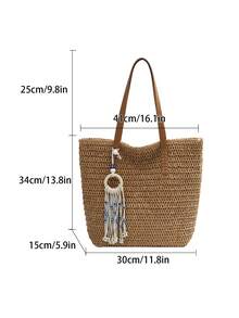 Túi tote dệt màu kaki với tua rua và dây đeo bằng da PU, phong cách thường ngày thoải mái cho kỳ nghỉ hè, đi biển/đi làm, túi đeo vai dung tích lớn, túi xách tay dệt kiểu retro có khóa kéo, phong cách boho cho đi làm hàng ngày/du lịch mua sắm - Màu Khaki - Xem 13