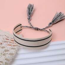 1pc Handmade Vintage Minimalist Boho Style Woven Bracelet, Suitable As Gift For Family, Friends, Students, Festivals, Parties, Traveling - Black and White - View 7