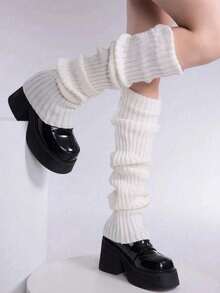1 Pair Of Women's Solid Color Striped Warm And Cute Leg Warmers, Suitable For Spring, Autumn And Winter Wear. Keep Your Legs Warm. - 白色 - 查看 4