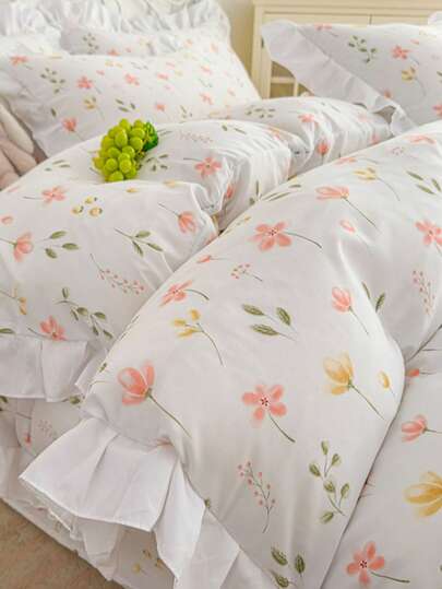 Juego de funda nórdica con volantes florales (1 funda nórdica + 2 fundas de almohada, sin relleno), suave y cómodo, adecuado para dormitorio y habitación de invitados, lavable a máquina, para todas las estaciones