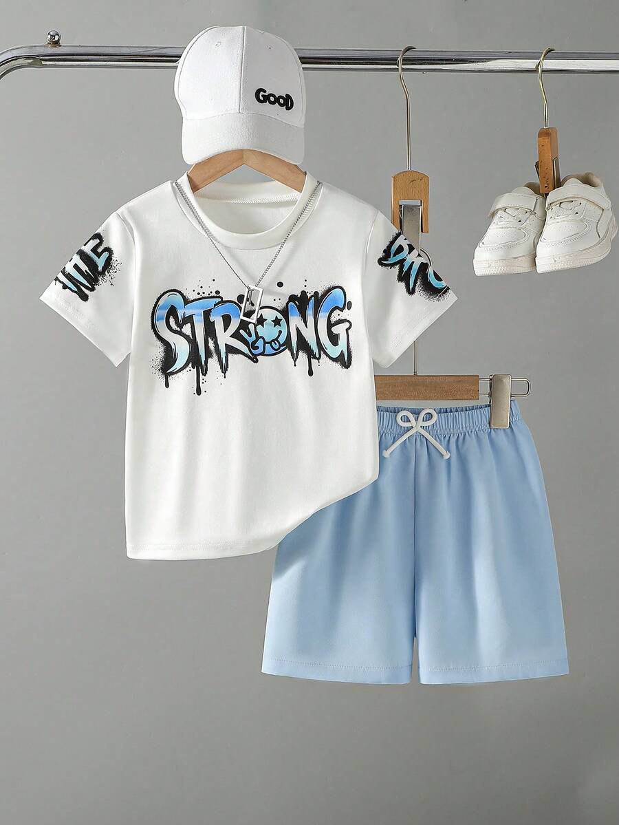 Conjunto casual de 2 piezas de camiseta de manga corta con patrón degradado de dibujos animados y pantalones cortos para niños pequeños, verano - Azul - Ver 1