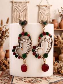 1 Đôi bông tai pha lê phong cách Bohemian cổ điển, bông tai hình học nhiều lớp, bông tai dài dành cho nữ - 3801 Trái tim đỏ và xanh - Xem 7