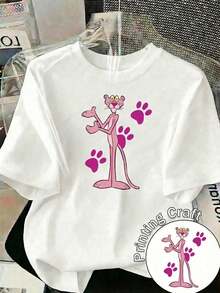 Camiseta casual para mujeres con diseño de leopardo rosa, tejido suave, corte holgado, cuello redondo y mangas cortas. Ideal para la primavera y el verano, combinación diaria, estilo sweatshirt, versátil y moderno.-Vintage Street Style Unisex Loose Cotton Short Sleeve Crew Neck T-Shirt - Blanco - Ver 1