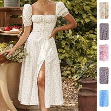 Women's Square Neck Puff Sleeve Floral Print A-Line Slit Maxi Dress Cottagecore Sweet Summer Bridesmaid Wedding Guest Dresses For Women - Nền màu xanh dương với họa tiết hoa. - Xem 5