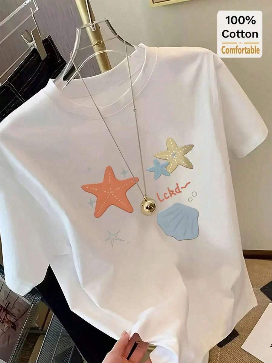 Nueva y moderna camiseta de manga corta para mujer con estampado de estrellas y conchas en blanco puro, elegante top casual estampado, estilo retro de verano, unisex, de corte holgado, de algodón puro y cuello redondo. - Blanco - Ver 1