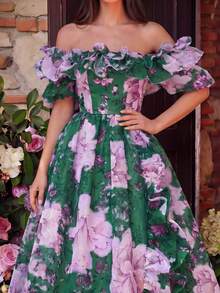 Faeriesty Luxe Elegant Off-Shoulder Ruffled Mesh Overlay Evening Dress With Back Tie-Up & High Slit–Perfect For Galas,Weddings Red Carpet Events Formal Dinners Party - Dark Green - View 4