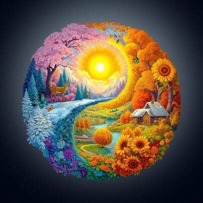 1pc Yin Yang Autumn Winter Wooden Puzzle, Asymmetrical Animal Shaped Wooden Puzzle Toy, Unique Party Game Gift, Decorative Art Puzzle, Desktop Game Magic Puzzle, Unique Children's Educational Puzzle, Holiday Gift, Suitable For Adult Wooden Puzzle, Back To School Gift, Mother's Day Gift, Birthday Gift (2D Puzzle)