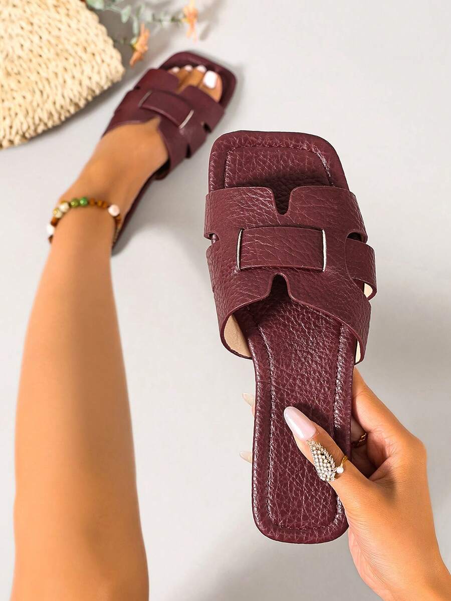 Ximi Ruo New Spring/Summer Fashion Casual Strap Slide Sandals, Comfortable Flat Heel Round Toe Beach Slippers, Versatile Slip-On Sandals For Women - Red - View 1