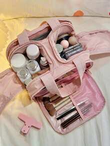 Dual Wide Opening Large Capacity Fluffy Makeup Bag Travel Bag Portable Lightweight Stylish For Home For Outdoor Daily Use Summer Holiday, Wash Bag - Multicolor - View 13