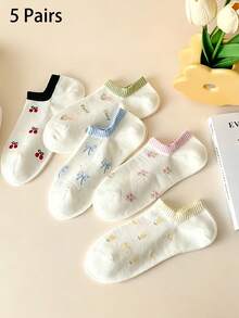 5 đôi tất cổ ngắn nữ họa tiết hoa và nơ, thiết kế viền tương phản, chất liệu dệt kim, kiểu dáng tối giản thoải mái, phù hợp cho mùa xuân/hè, mặc thường ngày, đi làm, đi nghỉ mát, làm quà tặng. - Nhiều màu - Xem 5