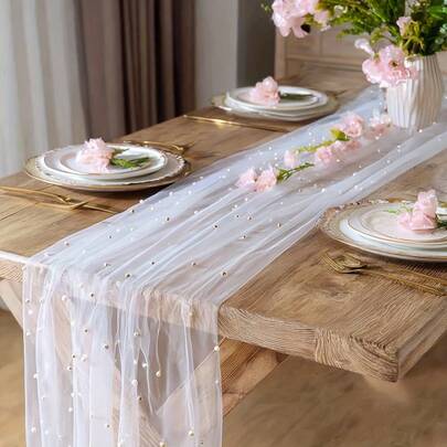 3pcs/Set Romantic Pearl Tablecloth, Essential Wedding Decoration, Suitable For Banquet Tables, Anniversary Dinners, Holiday Celebrations And Family Gatherings, Decorative Tablecloth, Size 27.56 Inches X 118.8 Inches