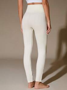 Warm Fleece Lined Leggings, Comfortable Fuzzy Striped Thermal Tights, Stretchy Winter Skinny Pants For Autumn/Winter - White - View 2