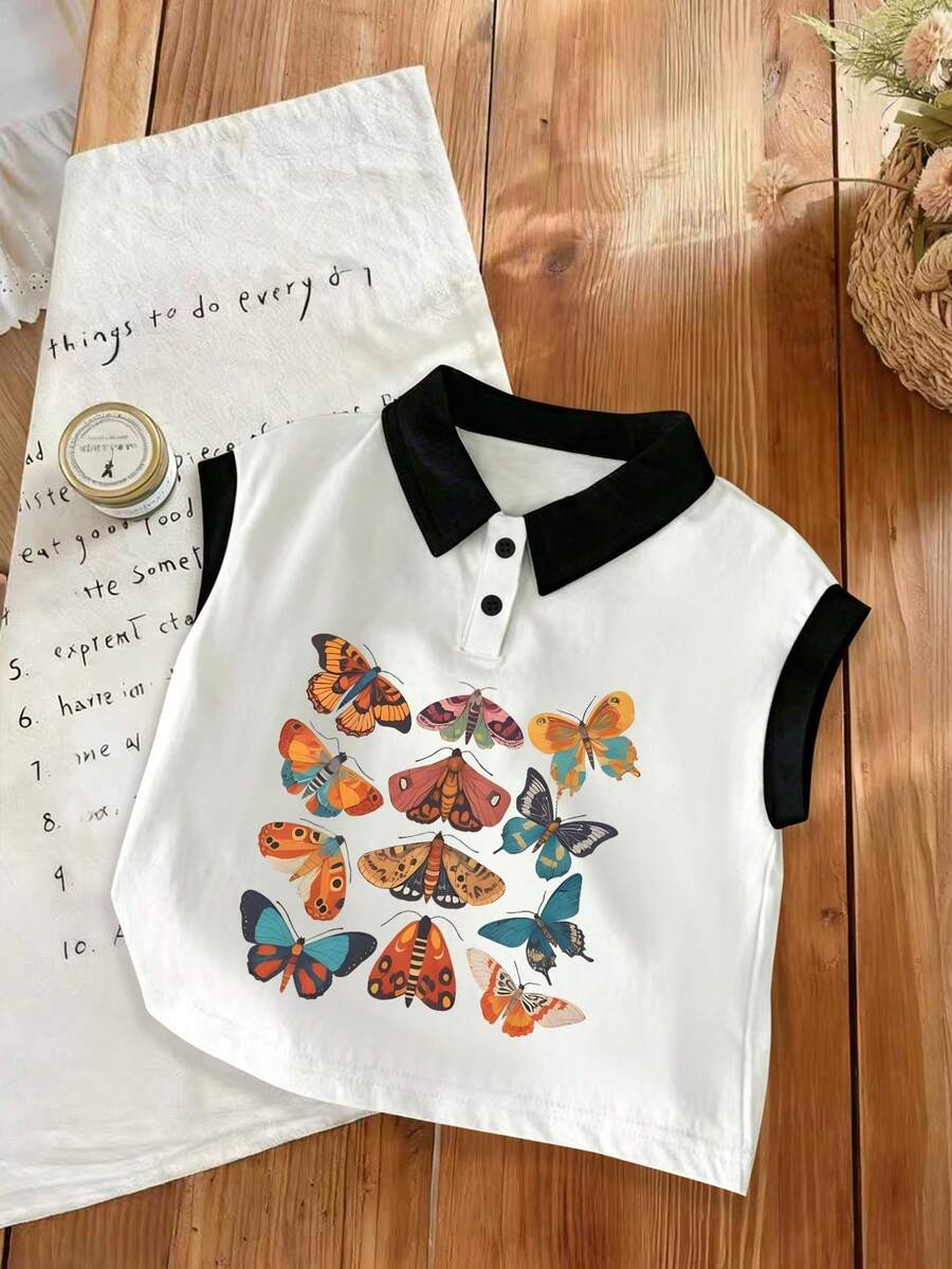 Parte superior tipo polo con cuello de tank top, con estampado de mariposas, estilo casual y lindo para niña, nueva llegada de primavera/verano - Blanco - Ver 1