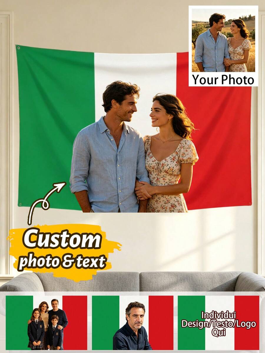 1pc Customized Italian Flag Photo Banner, Personalized Garden Flag Wall Decor, Custom Tapestry Image & Text Display, Suitable For Home Party Holiday Celebration, Customizable Design/Image/Text/Logo, Holiday Birthday Anniversary Gift For Friends And Family - Style B - View 1