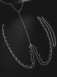1pc Sexy Gold Tone Criss-Cross Body Chain Necklace, Layered Water Drop Pendant Chest Chain Jewelry Accessory Gift For Women - Silver - View 3