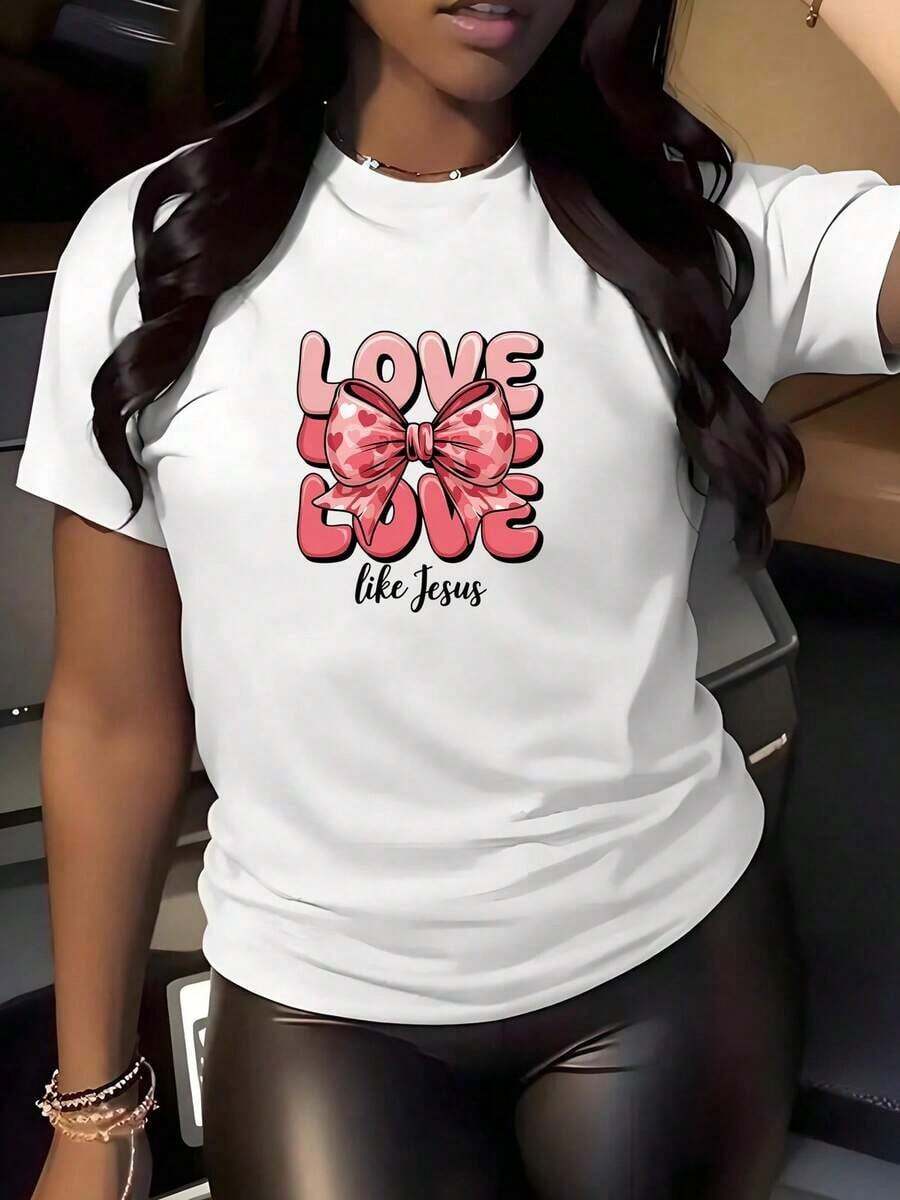 Love Printed Casual T-Shirt Stretchy Crew Neck Short-Sleeved Suitable For All Seasons Machine Washable Comfortable For Everyday Wear Fashionable Style Opaque Materialsommer - White - View 1