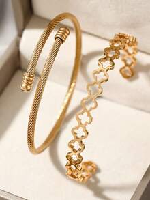 2pcs Fashionable Stainless Steel Adjustable Bangle Bracelet Set, Suitable For Party, Gathering And Daily Wear - Yellow Gold - View 4