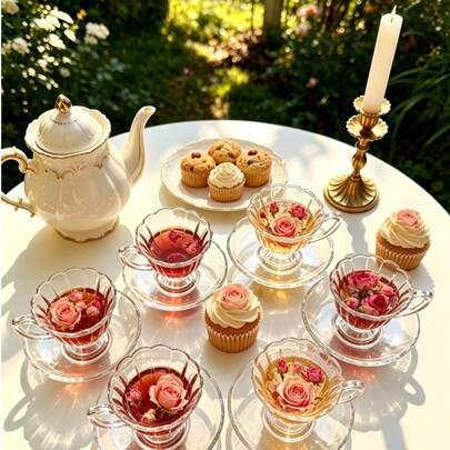 6 Sets/Set Niche High-End Glass Tea Cup & Saucer Set, Petal-Shaped High Foot Glass Cup & Saucer, Palace Style Floral Glass Coffee Cup & Saucer Set, Including Coffee Cup And Saucer, Suitable For Hotel, Restaurant, Home Use, Tabletop Decor, Afternoon Tea, Coffee Drinking, Herbal Tea, Personalized Gift, Souvenir, Kitchen Supplies, Party, Birthday, Wedding, Anniversary. Suitable As Valentine's Day Gift, Mother's Day Gift, And Various Holiday Gifts