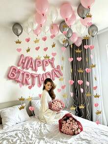 44 Stücke/Set weiße & rosa Geburtstagsballons, inklusive goldener Glitzer 3D Papier Krone, Herz Kranz, weiße, rosa, silberne Latex Ballons, "Happy Birthday" rosa Buchstaben, geeignet für Geburtstagsfeiern, Valentinstag, Junggesellinnenabschied, Verlobung, Hochzeit, Jahrestags Dekoration - Verschiedenfarbig - Übersicht 6