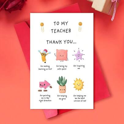 1pc Teacher's Day Thank You Card - Cute Classroom Designs (Stars, Suns, Cushion Characters) - Heartfelt Appreciation Messages - Heavy-Duty Paper Card - For Teachers, Educators, Coaches - Classroom Or Home Presentation - Teacher