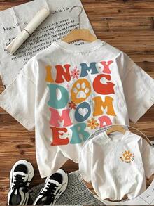 Camisetas de manga corta para mujer [Estampado de doble cara] Camiseta de manga corta con cuello redondo y estampado de letras y flores "In My Dog Mom Era" 100% algodón - Blanco - Ver 6