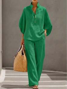 Women's Linen Blend 2-Piece Set, Casual Urban Outfit With Stand Collar Top And Wide Leg Pants - 深藍色 - 查看 3
