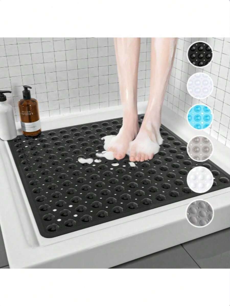 1pc Minimalist Solid Color PVC Anti-Slip Bath Mat, Square Suction Cup Bathroom Shower Floor Mat