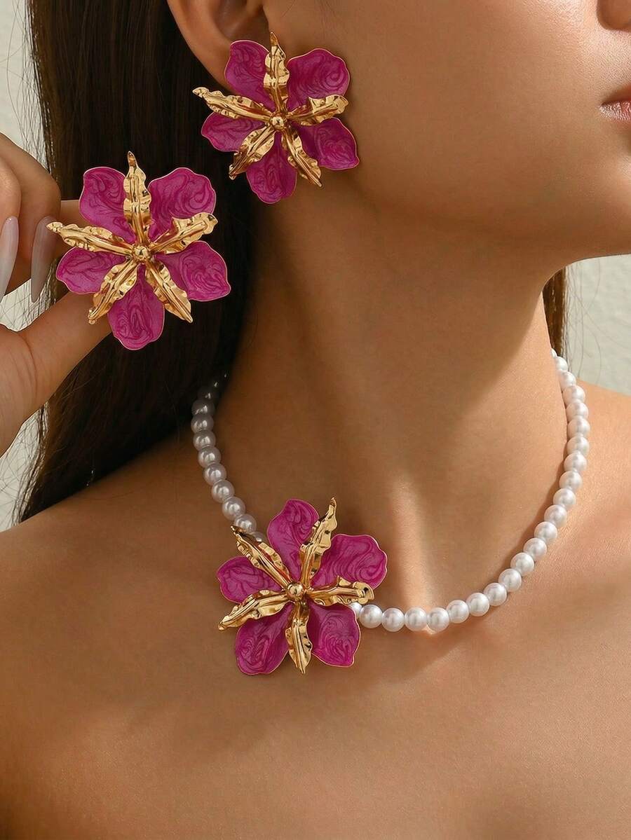 Bộ trang sức 3 món thanh lịch gồm dây chuyền và bông tai, phong cách cung điện Pháp lãng mạn, ngọc trai giả, thiết kế hoa acrylic 3D màu đỏ đan xen, thích hợp để đeo hàng ngày, dự tiệc, làm quà tặng sang trọng. - vàng - Xem 1