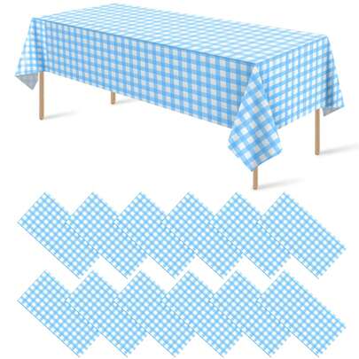 1/6/12pcs 137*274cm Light Blue & White Checkered Plastic Tablecloth, Disposable Red Gingham Rectangular Tablecloth For Picnic, Farm, Birthday, Wedding Party