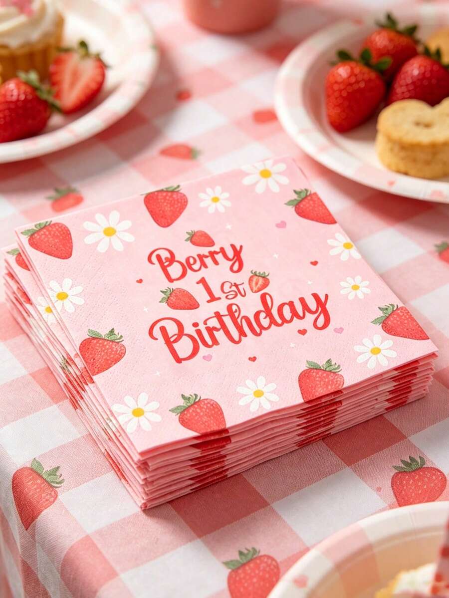 16张草莓主题一周岁生日纸巾，新生儿生日派对一次性纸巾，雏菊草莓图案，草莓餐巾纸，性别揭晓派对餐具装饰，粉色女宝宝一周岁生日派对装饰，粉色草莓生日派对装饰，婴儿派对装饰，婴儿派对用品，性别揭晓派对装饰，生日派对用品