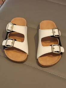 Kids Adjustable Strap Flat Slippers With Prominent Metal Buckle And Soft Cork-Textured Insole - Black and White - View 4