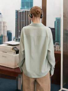 Women's Striped Polyester Button-Up Drawstring Shirt For Evening Date And Daily Wear - Mint Green - View 2