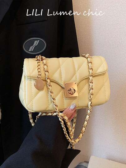 Light Yellow Matte PU Chain Shoulder Bag,Compact Flap Crossbody Bag,Smooth Soft Leather Texture Delicate Pendant Detail,Fits Spring Autumn Weekend Hangout Short Leisure Vacation Trip,Great For Young Girls Working Women Teacher Housewife Gentle Romantic Aesthetic Everyday Bag