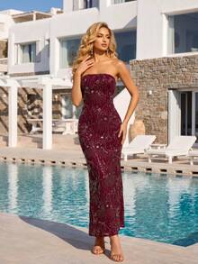 Vestido largo con lentejuelas de color rojo vino, espalda descubierta y cintura con lazo, vestido de gala formal - Burdeos - Ver 2