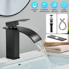 Waterfall Basin Faucet, 2-Handle Bathroom Sink Faucet With Pop-Up Drain & Deck Plate, Anti-Splash Hot Cold Mixer Tap, Lead-Free Stainless Steel Ceramic Valve Core, Modern Matte Black - Short - View 11